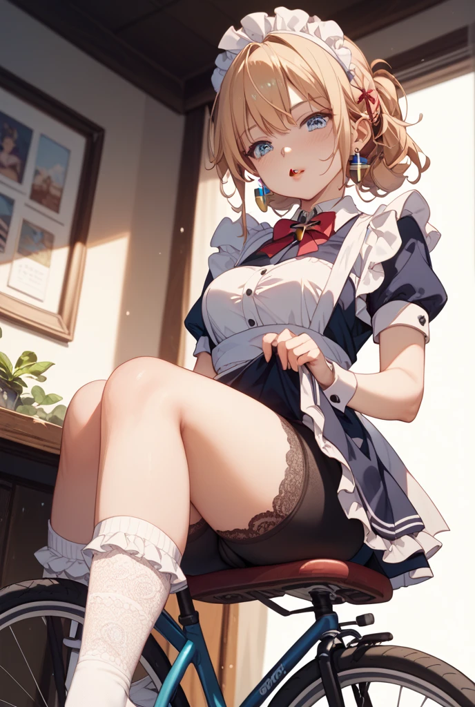 masterpiece, best quality, 1 girl, detailed beautiful face, skirt lift, short hair, waved hair, twintail, blonde hair, smiling, show off side tie panties, witch, French braid, embarrassed, blush
