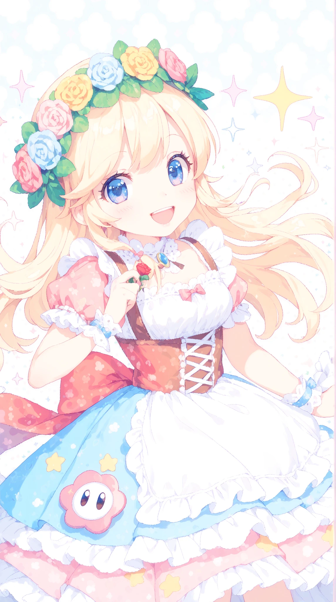 top quality, masterpiece, like the picture, Cute Dirndl, Flower Crown Girl, Adorable Smile, Fluffy Skirt, pastel colors, Sparkly Background,  Pop Decorations , Dot pattern, Luigi