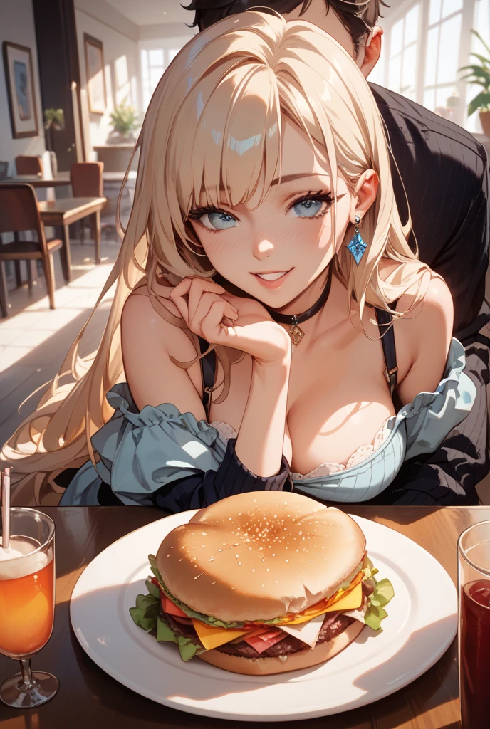 (masterpiece, best quality), 1girl, blonde hair, pink eyes, head tilt, nose blush, pov across table, huge breasts, burberry sweater, cleavage, burberry print, necklaces, bracelets, food, steak, romantic lighting, champagne glass, detailed face and eyes, restaurant,