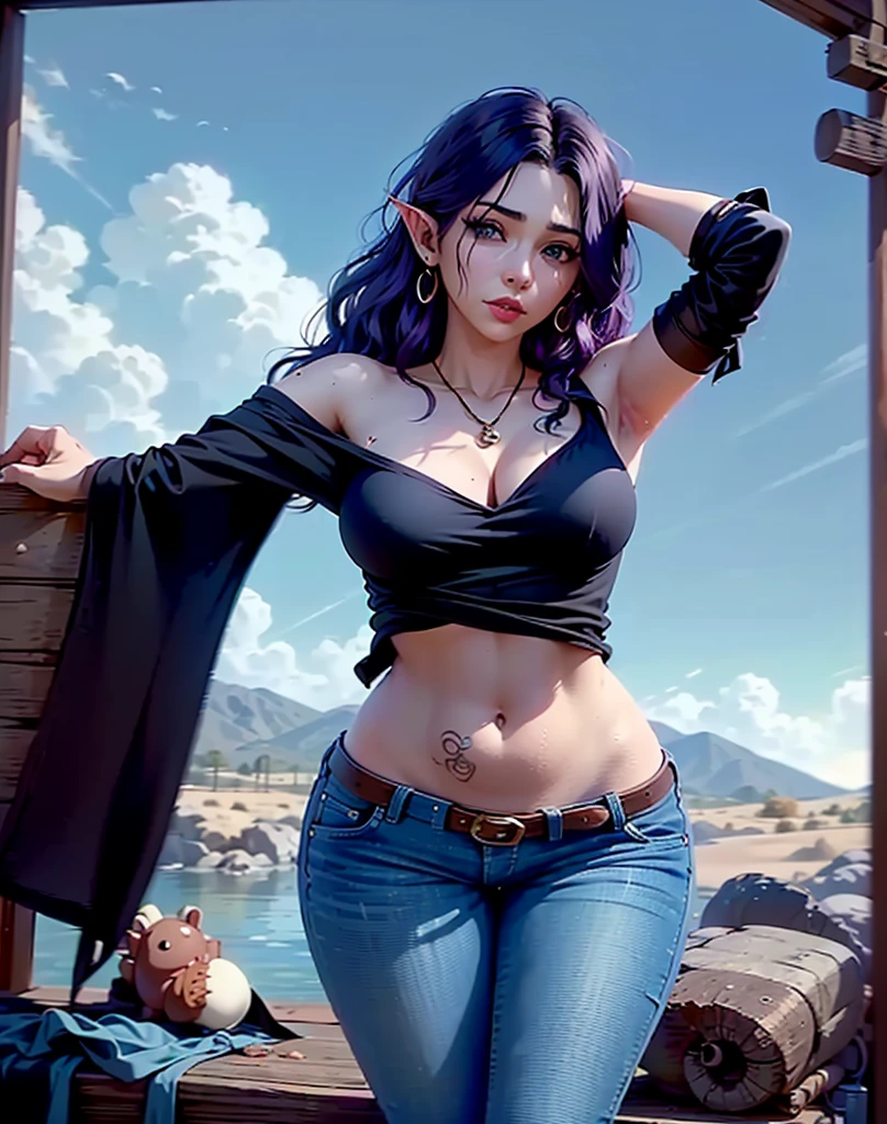 (obra-prima), melhor qualidade, olhos perfeitos, rosto perfeito, 1 menina, (olhos castanhos: 1,4), (mature appearance, delineador, peituda, decote, huge, droopy breasts, bunda grande, sobrancelhas arqueadas, nariz arrebitado, cabelo ruivo, longo cabelo, braided ponytail), (sardas, sardas claras no corpo, sardas no peito: 1,3). (garota do campo "brejeira", peasant top, espartilho, medium length ripped denim shorts:1.2). (piscando, sorriso relaxado1,5). (Medium Close-up, foco nos seios, pov:1,6). fundo fazenda no campo .