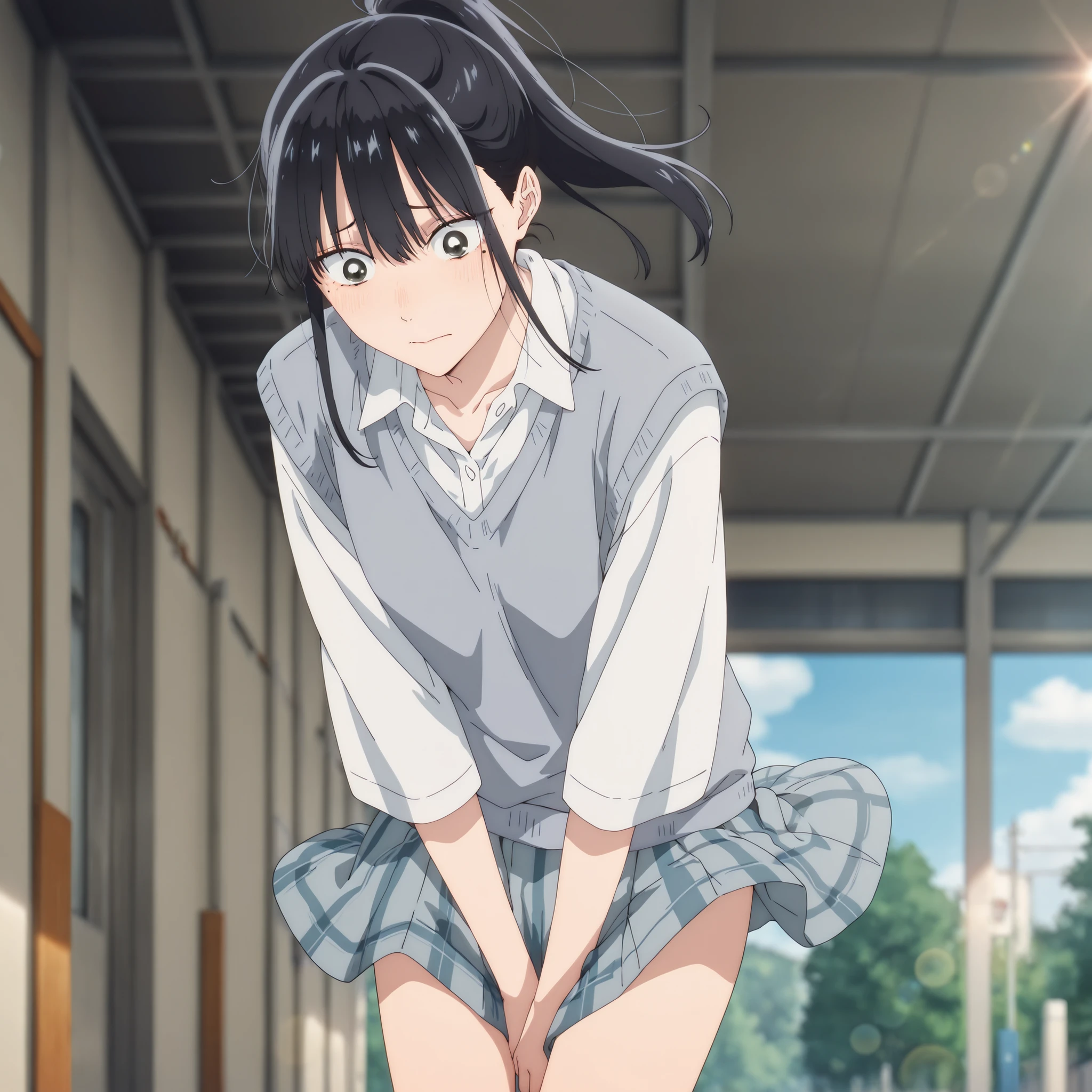 masterpiece, , absurdres, highres, detailed background, high resolution, masterpiece, necessary, detail, best quality, quality, necessary, details, High details, Precise, outdoor, , (dappled sunlight ,day ,lens flare ,blurry background), from below, solo, , ,
detailed, anime screencap , anime coloring , official style , (aged up), head tilt, ,(slim body, slender body),(wind lift), covering crotch, arms between legs, phone, (leaning forward), walking,
Break, girl , , <lora:Amaye_Moriya-20:0.8>Ayame, ,black eyes, black hair, long hair, high ponytail, long bangs, hair between eyes, ((sharp eyes)), sidelock, one mole under eye, white shirt, collared shirt, collarbone, , gray knit vest, gray mini skirt, plaid skirt, ,(small breast), pale skin, looking down, light embarrassed, panicking, closed mouth,
