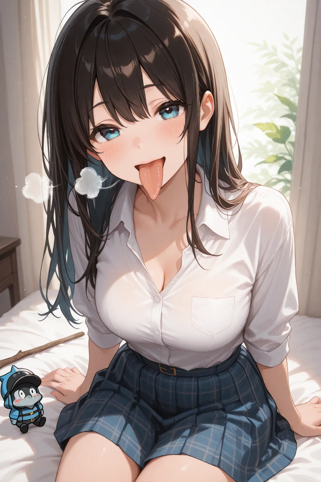 looking ahead,from above,slouch,handjob,side view,face focus,open mouth,tongue out,cum on tongue,Licking the penis,(1girl,Beautiful 14 year old girl),((Slender,Small breasts,Baby Face,Small face,)),looking at viewer,Black Hair,bangs,two side up,Gray Eyes,Drooping eyes,slit pupils,narrow eyes,White sweater mini dress,bare shoulder,Jean Shorts,Beautiful and detailed anime art,Mischievous smile,Dimly lit room,Simple Background,Gray background,Low lighting
