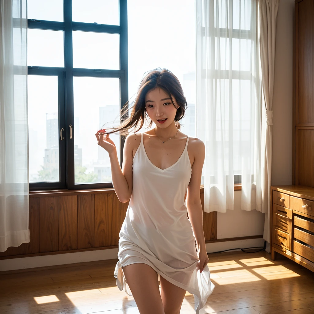 (16K, super detail, super delicate image quality, high resolution, ultra-realistic, RAW), full body depiction, 1 girl, big eyes, clear blue eyes, super small breasts, long and thin legs, wide open legs, in the shower room, right hand is peace sign, super close-up, tiny wet see-through T-shirt, intense thinness bite, chest wide open, shiny blonde hair, whole body soaked, shiny white skin, Grinning eyes, big smile, cute tongue out
