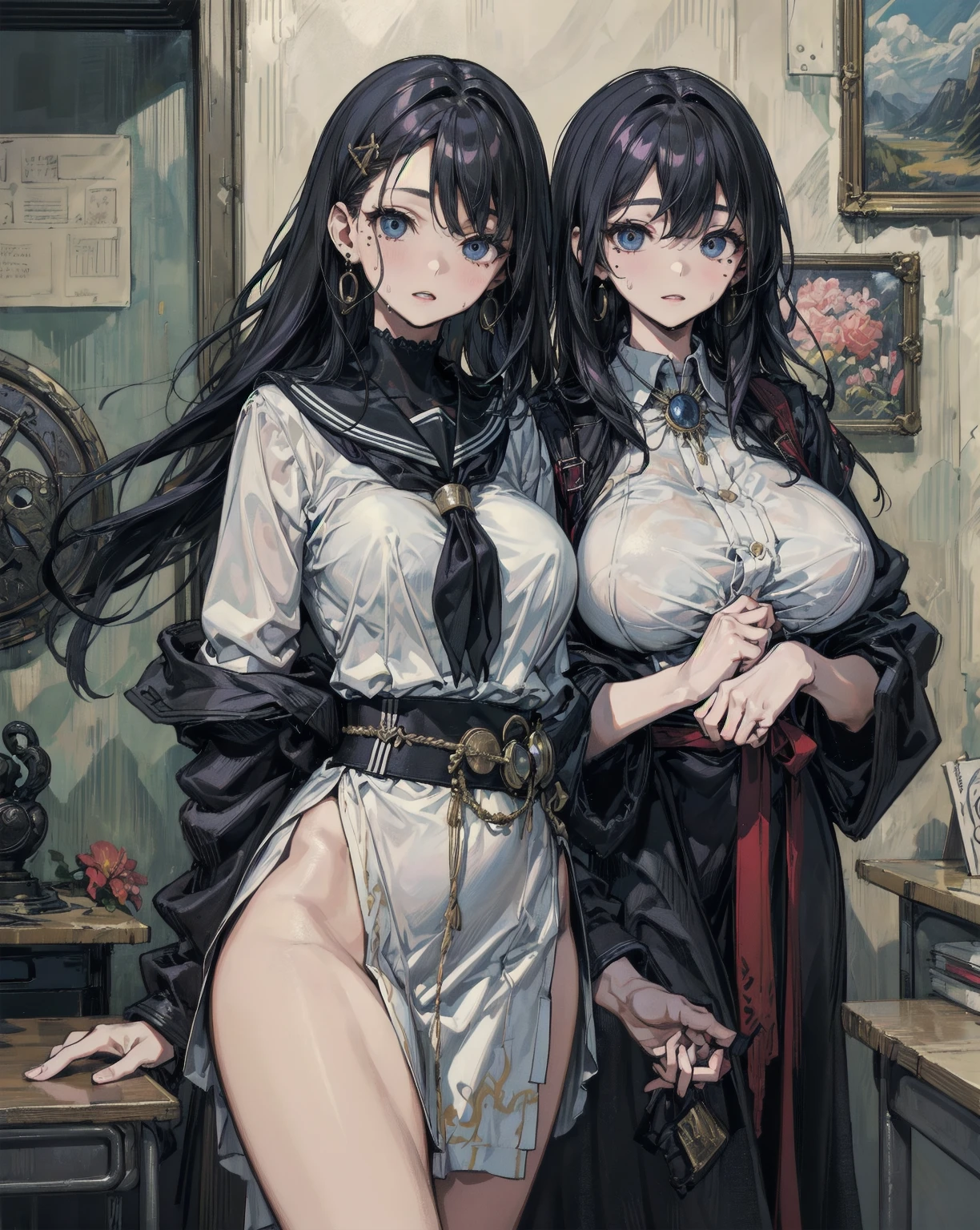 (8k，Super details，best masterpiece，nature，perfect work of art，perfect female figure)，two women，sister and sister，sisters，Rainbow hair，perfect face，(huge)，Neighbor&#39;s Wife，woman hairstyle，elegant wife，mature and exposed，20 years old，fair skin，messy hair，Perfect sexy body，Wear a fitted and sexy tunic dress，Strapless strapless short dress，Hot and sexy secretary，wear glasses，Standing in a spacious conference room，Papers scattered on the ground，Detail background，necklace，perfect eyes，， T-shaped small size，huge的山雀