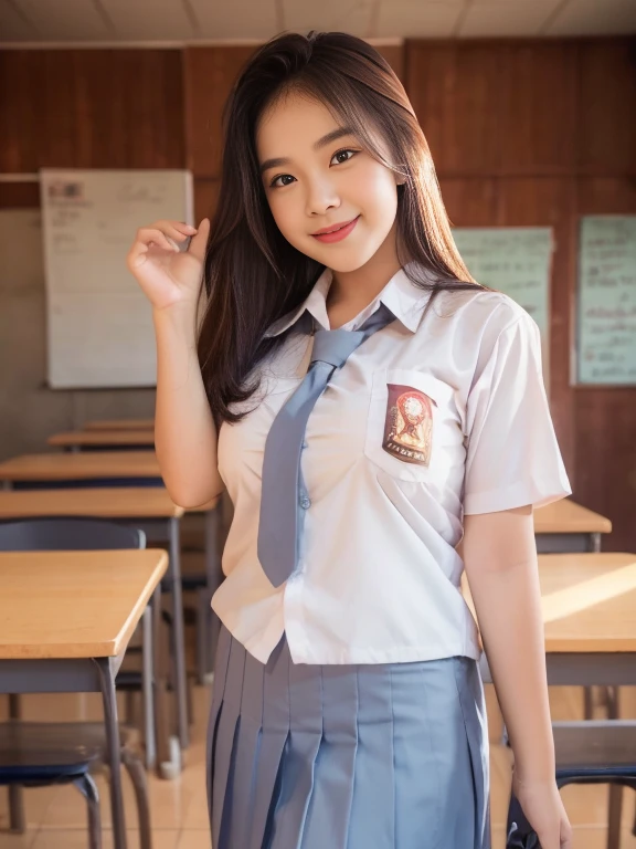 highest quality, japanese girl, 8K, Raw photo, highest quality, 1人の美しいjapanese girl, 18-year-old,japanese idol, gal、curly hair、cute smile、my heart flutters、 outside、cutting of、emphasize、overflowing from the uniform、big breasts, (sitting on the desk:1.1), (school uniform), (spread your legs:1.2),
(school classroom background:1.1)、