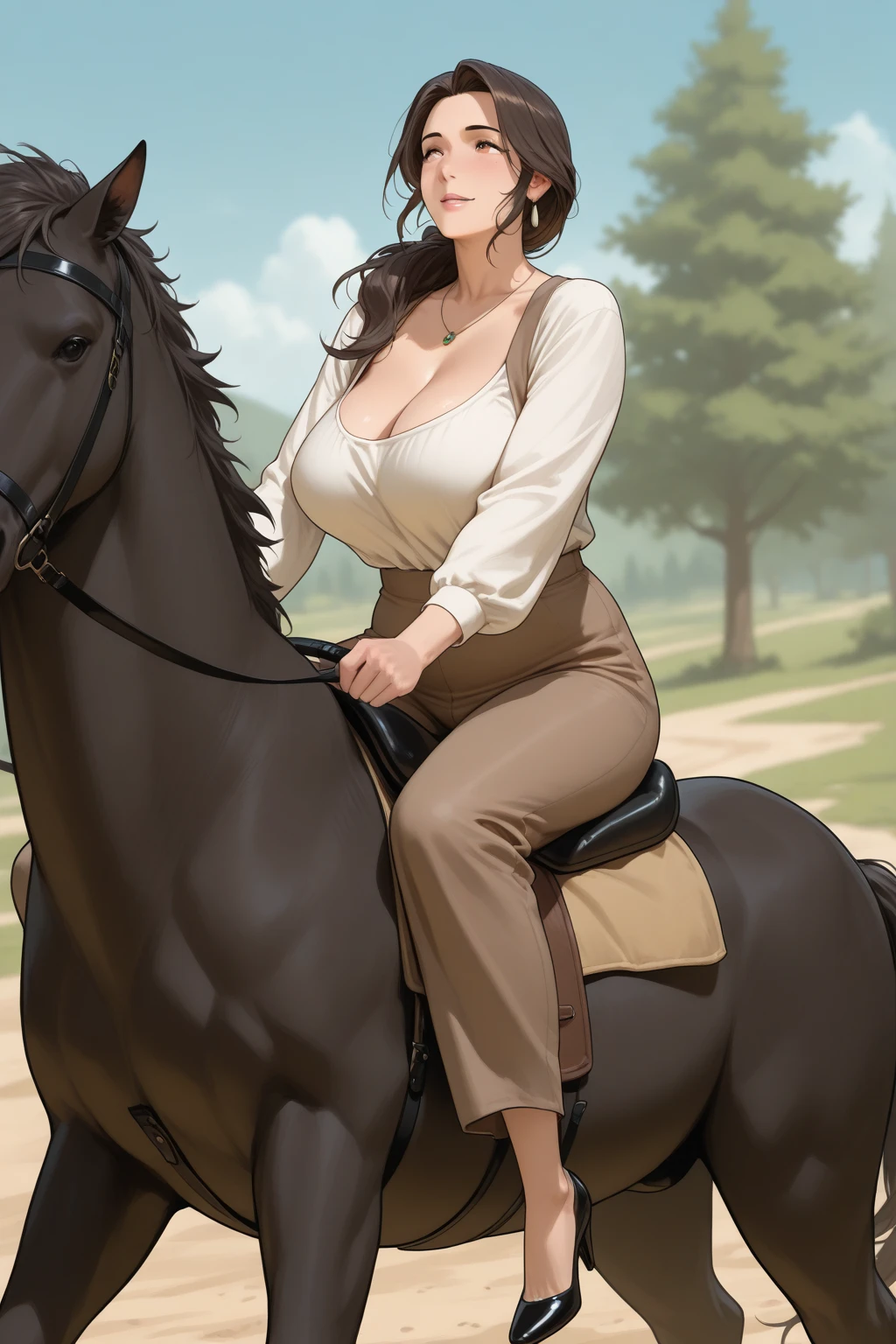 Young centaur. fantasy setting. long hair. Long women's haircuts. Round and soft face. The chin is round and soft. Round and soft cheeks. Curved lips. Long and wide nose. Dark brown eyes. long neck. big breasts. Centaur under the body. brown fur. Looks good and friendly. medieval fantasy in black. in an open field.