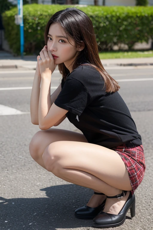 8K, Ultra-high resolution, Highest quality, masterpiece, 三分割法によるphotograph,Surreal, photograph, 1 Girl, (16 years old:1.3), pretty girl, Cute face, Beautiful eyes in every detail, 細かくdetailedに,masterpiece,One Girl:1.2, Japan Female Announcer,whole body,from below,Fearful expression,Black Hair,Messy hair,Cyber city of the near future,Wearing a cardigan sweater on your back、Girl sitting in the middle of the road, Plaid pencil skirt, High socks and black shoes,Beautiful leg line beauty,Realistic Skin, Perfect and beautiful face ,完璧でCute face, Skin with attention to detail, Perfect limbs、Narrow waist、Thin legs),Looking at the audience、beauty,Long neck、(((Ideal body type))),A cup small breasts :2,Portraiture:2,Perfect Anatomy,鮮明なdetailed,detailed,Surreal,Light and shadow,darkness