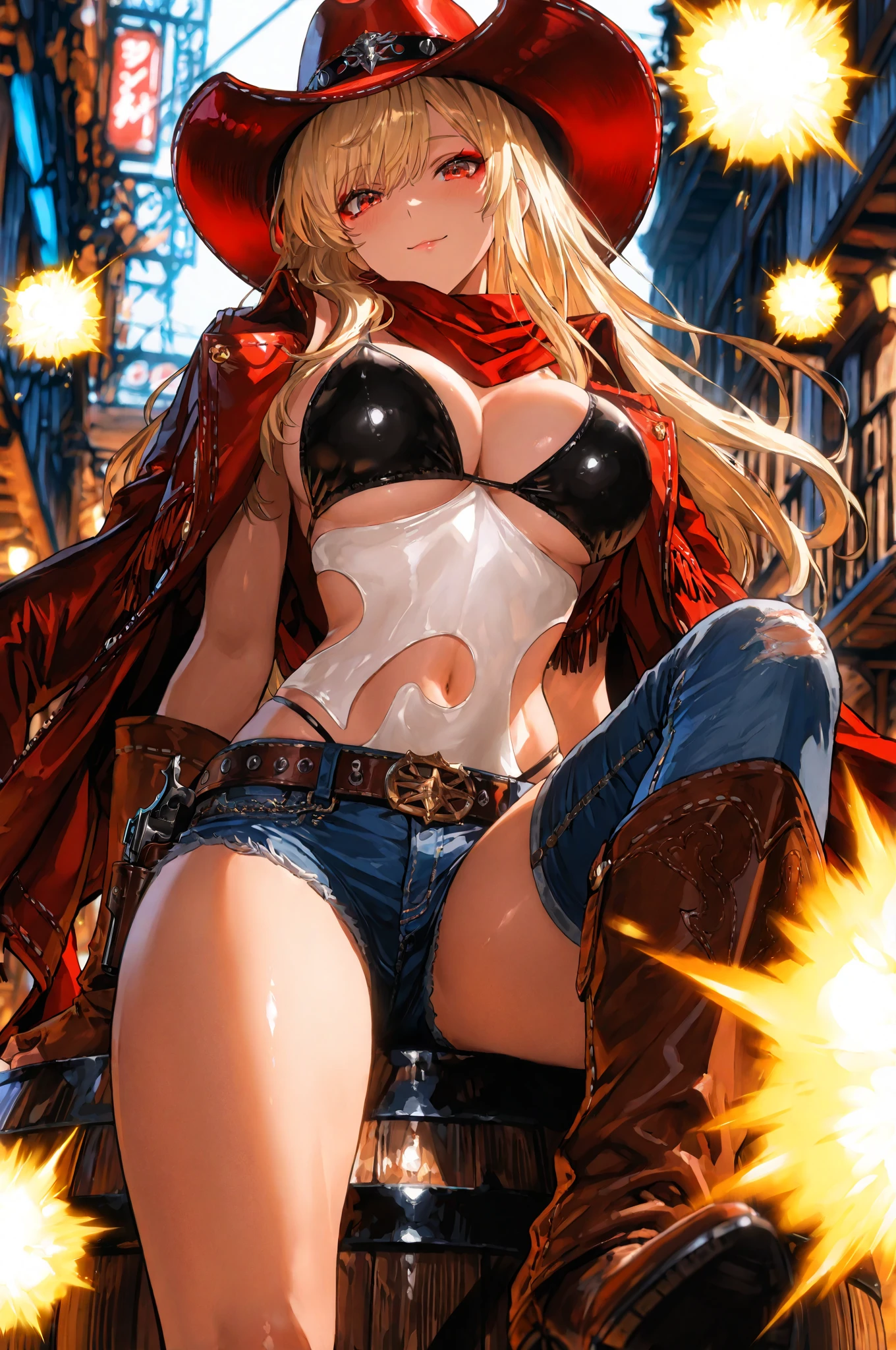 Blonde medium hair, f-cup, red bikini, cowboy hat, jeans, gloves, smiling, ((erotic pose))