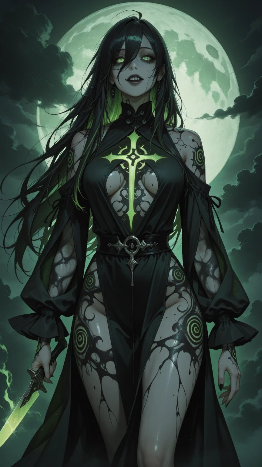 Overgrown hell life, goblin knight Vunxia, cracked skin, green skin, black veins, black blood,