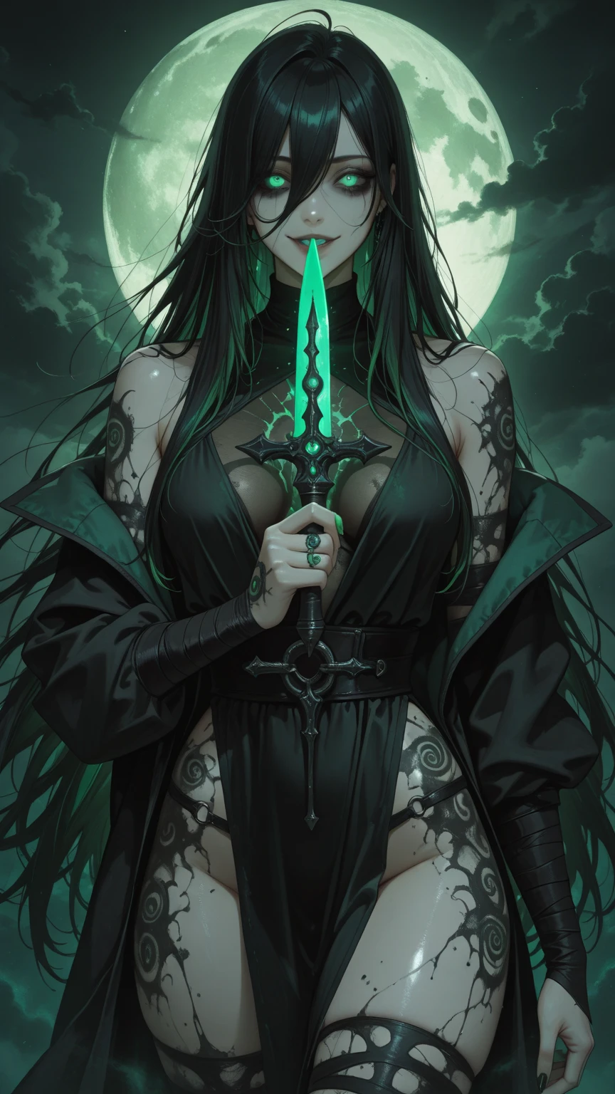 perfect eyes:1.2, detailed eyes:1.4, cleavage, long hair, NecromancyAI background, bones, skull, cutout dress, navel, black dress, off shoulder, cleavage, witch hat, black hair:1.2, hair over one eye:1.2, lipstick, chest tattoo:1.2, green lips, green eyeliner, glowing green lipstick, green eyes, makeup, 1girl, solo, (masterpiece:1.6, best quality),