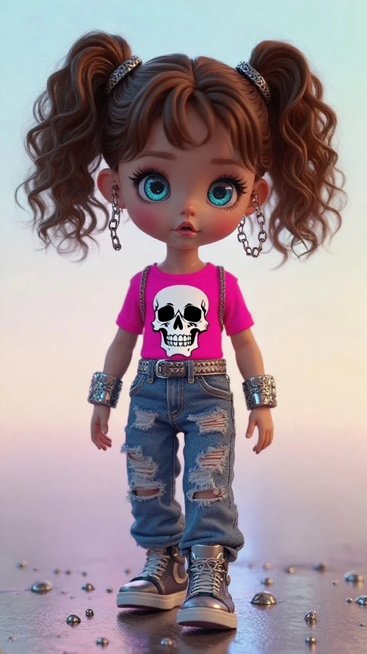 Make me a 1 year old white boy,65 with red hair in female Muller style,blue eyes is black,with a strawberry earring ,a nose piercing with a collar necklace with a long blouse with a skull on the front black cargo pants and an ALL star