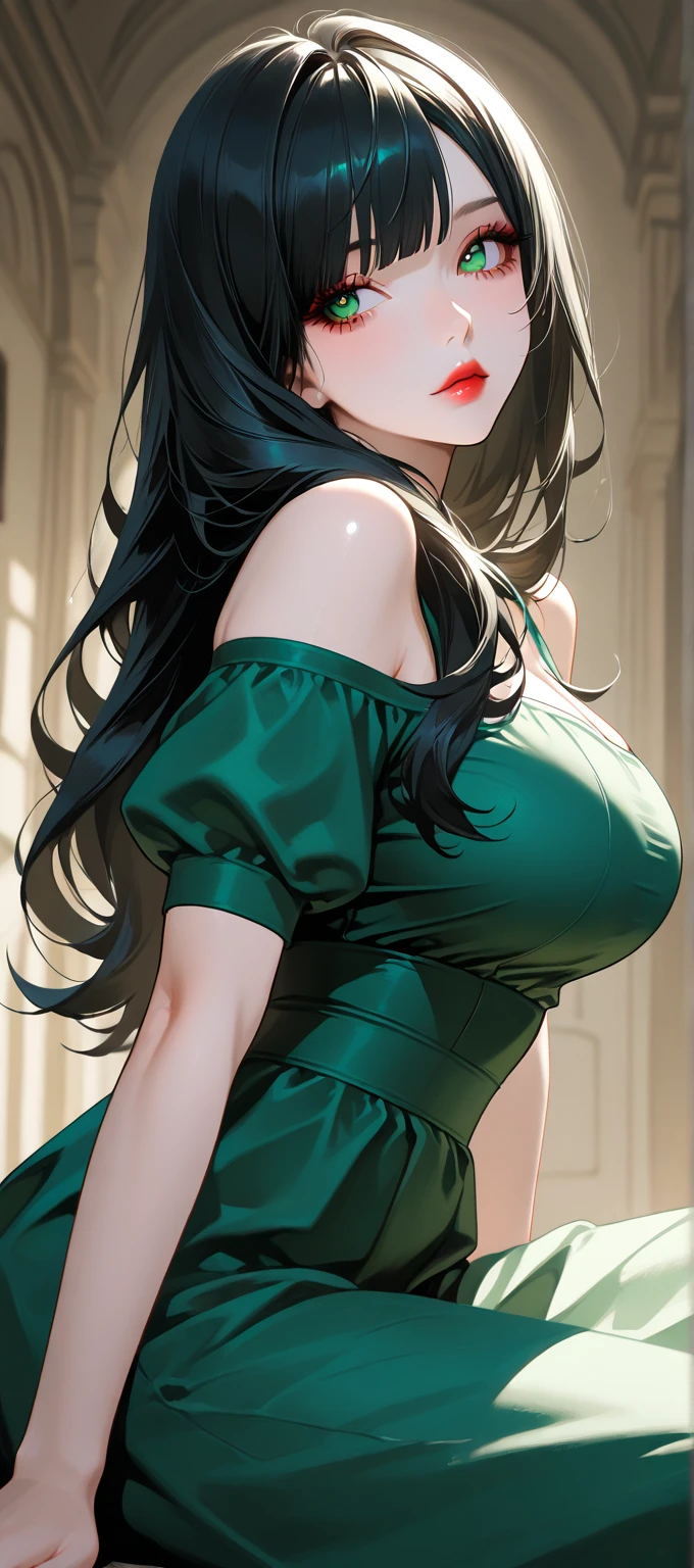 full body, extreme wavy hair, luxurious hair, lustful eyes, a knowing smile, aroused 25 years old, playfully aroused, dripping with desire, busty cleavage, heavy bust, pajamas, slim waist, posing by the bed, coy smile with open parted lips, (blushing:1.3), looking lovingly at the viewer, seductive green eyes, an inviting pose, bedroom background, champagne, in love (pov), loving gesture, loving gaze, loving eyes, glowing eyes, highly detailed eyes, chocker, earrings, nsfw,