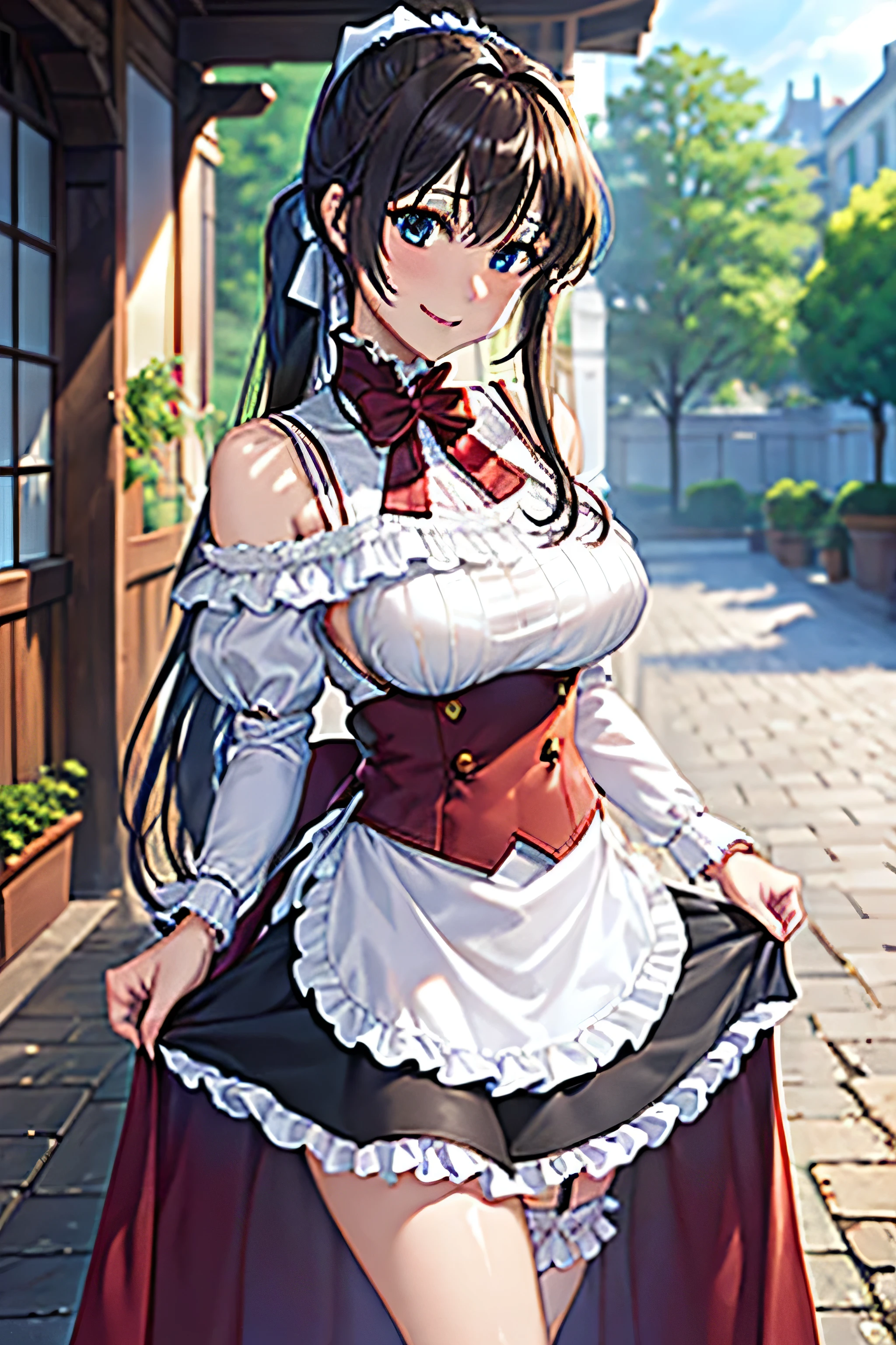 (Moe、Moe:1.10)、Very detailed、smile、Konoe、Are standing、smile、Mouth closed、One Girl,Beautiful thighs,Absolute reference to the center、Maid、ヴィクトリア朝 Maid服、4K,8k、Lift up your skirt, Perfect lighting, Very detailedなCG、High resolution、超High resolution、Physically Based Rendering(Genuine、Realistic、Realistic)、Cowboy Shot、Maid、Anime illustration style,Big Breasts、Long black hair