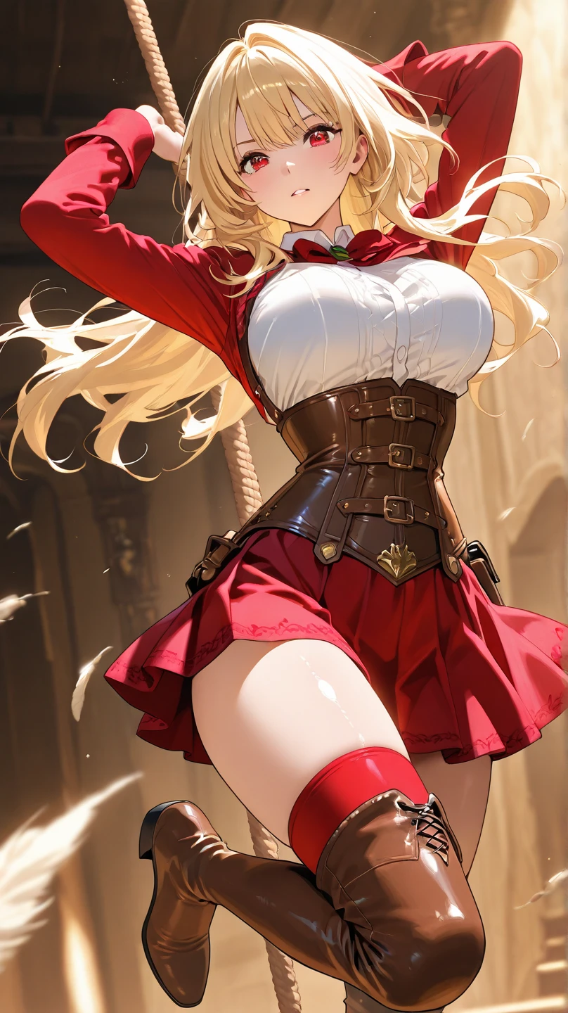 High image, Super Detail, High resolution, Anime, Manga, Illustration, Black Knee High Socks, thighs thighs thighs thighs, Flared Mini Skirt, Intelligent beauty, Amorous expression, Seductive look, Laugh mischievously, Happy, Shy, Red lips, Half-mouth opening, Half Up Braided Blonde Hairstyle, Sparkling blue eyes, Huge breasts, under the boobs, great proportion, perfectly proportions, slender, Full body --auto