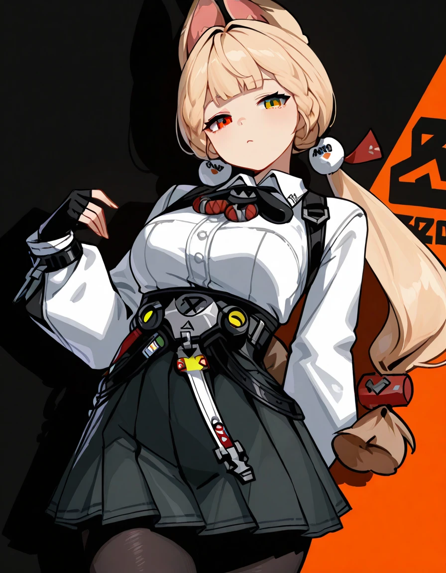 ((solo)), (zenless zone zero), maximum masterpiece, maximum top quality, high fashion, absurdres extremely, close up, HDR, intricate details, very cute face, vivid colors, commentary, flawless smooth skin, curvy beauty body, very cute girl, animal ears, blonde hair, braid, bangs, hair ornament, low twintails, tail,heterochromia, alice, 1girl, skirt, black gloves, fingerless gloves, black pantyhose, pleated skirt, long sleeves, low-tied long hair, shoes, white shirt, cowboy shot