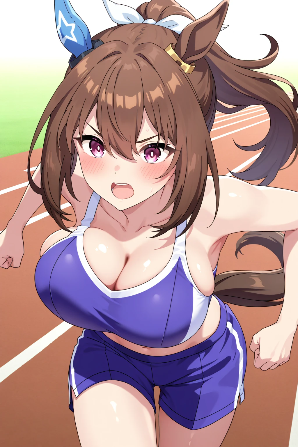 ((Voluptuous figure)),Chubby body type,Big Breasts,Brown Hair,blunt bangs,Top knot,hair accessory,((happiness)),track and field uniform,(Belly button),((Selphy))