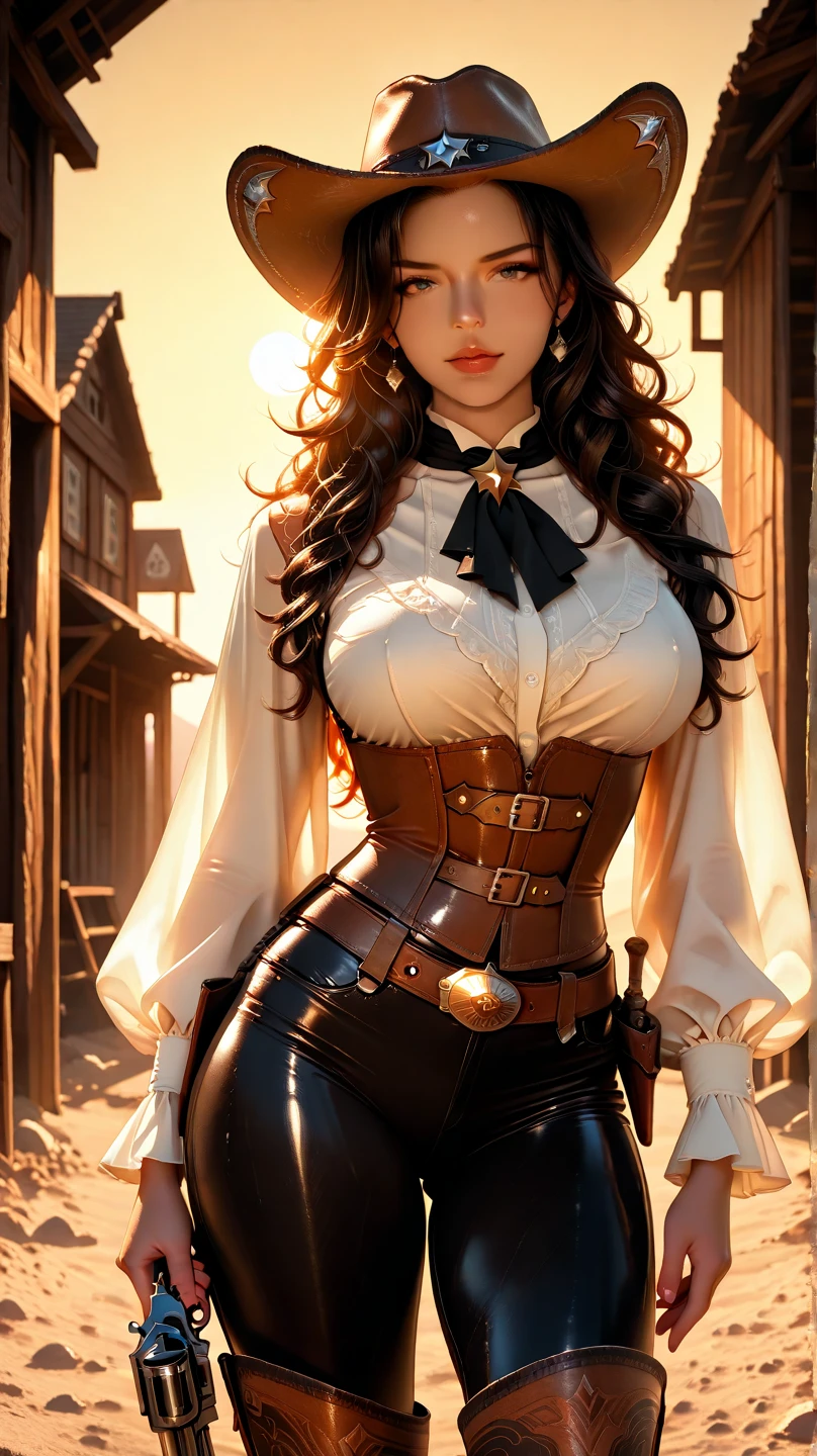 (masterpiece), best quality, expressive eyes, perfect face, front lighting, (wood ship deck with pirate flag background), (posing), (seductive look), (cleavage view), (1girl, Nico Robin, milf, latina, dark skin, short black hair with bangs, straight flat hairstyle, brown eyes, hourglass figure, thick body, curvy body, large breasts, huge breasts, oppai, large cleavage, wide hips, thick thighs), (beige button frill blouse with leather corset, long sleeve, exposed cleavage, leather shorts, pirate hat), 