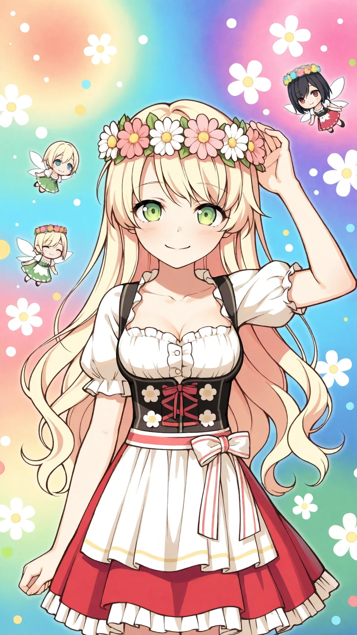 ultimate image quality, perfect depiction, cute dirndl, spring flower crown, innocent smile you'll love, fluffy atmosphere, colorful dots, fairy tale background, Yume cute