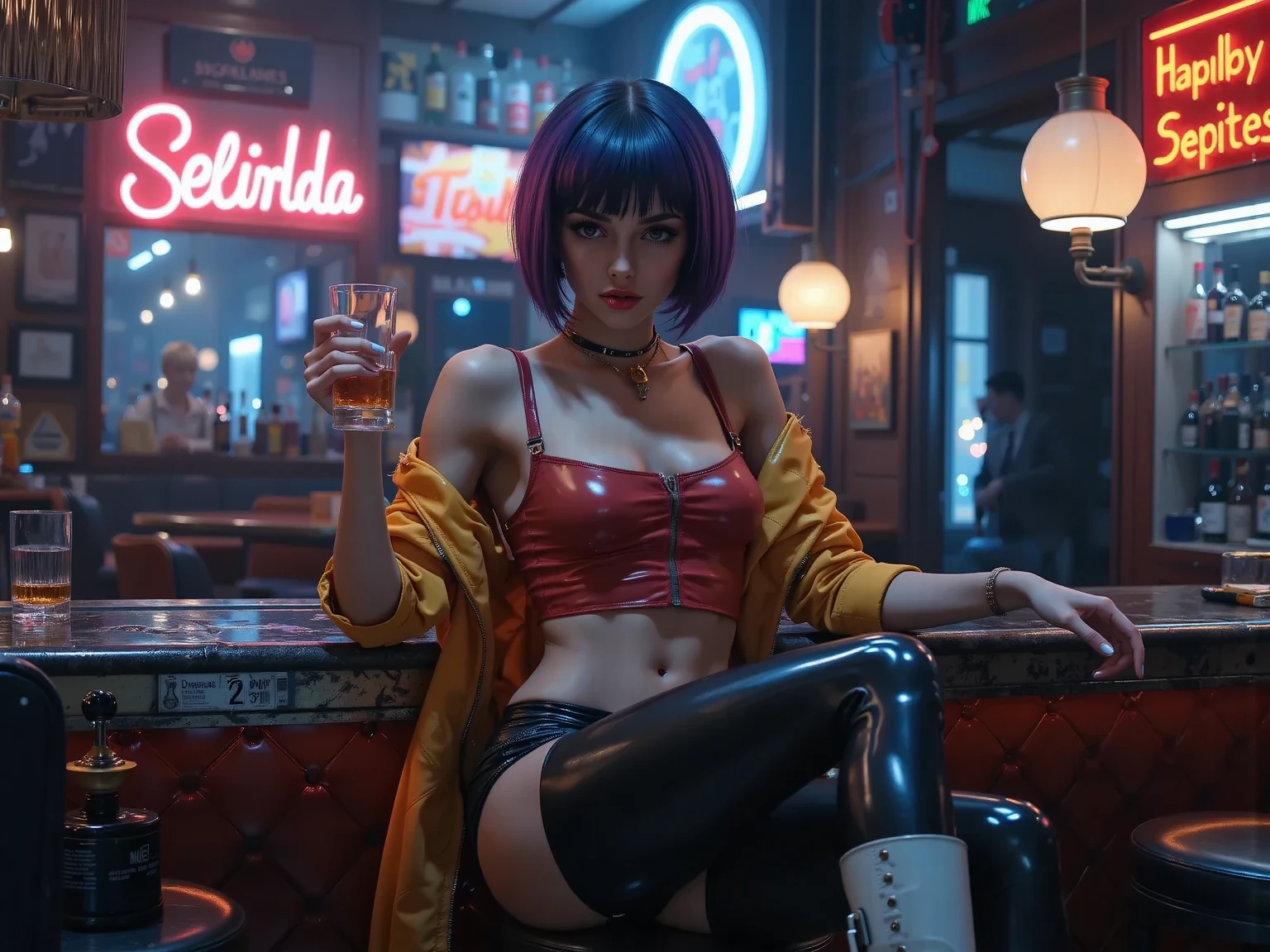 0pen, EvelynParker, petite body, small breasts, short blue multicolored hair, dress, cleavage, jewelry, jacket,red thigh boots, garter straps, looking at viewer, smiling, serious,
interior of a nightclub, neon lighting, sitting, drinking a martini glass with lime juice, extreme detail, hdr, beautiful quality,
<lora:EvelynParker:.7> <lora:more_details:.5>