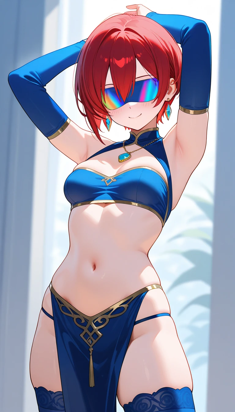 (masterpiece, best quality), intricate details, medium breast, small waist, dark red hair, blue eyes, beautiful face, perfect illumination, beautiful detailed eyes,looking at viewer, stunningly beautiful woman, detailed hairstyle, detailed background,shorts, detailed fantasy background, (sweat:1)