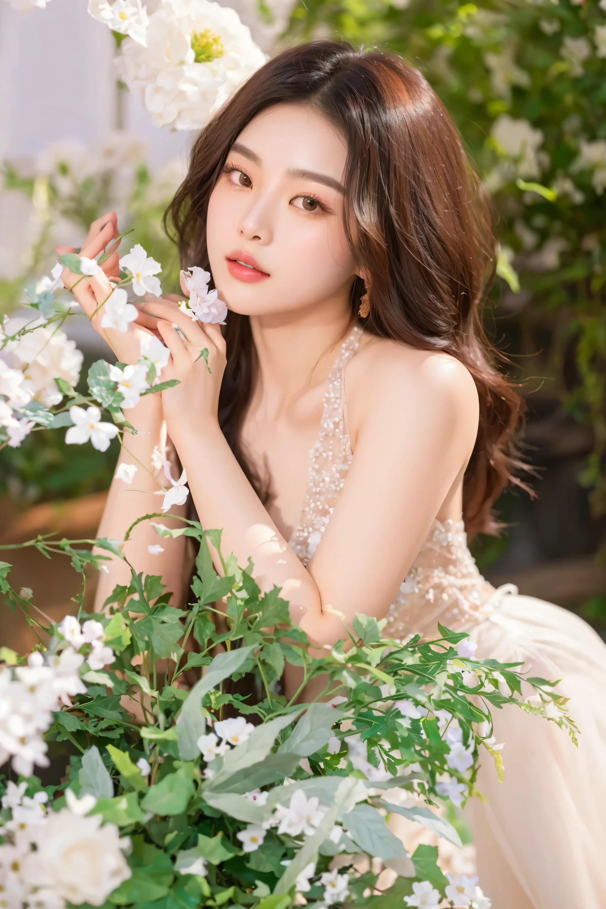 Full figure, 1 girl, -clinging shooting, 18 years old, white firefly clothes, strap clothes, glowing clothes, ornaments, exquisite faces, details, hands, ultimate details, amazing magnificence, Pedaipan style, fiber hair, glowing white iris, ((glowing flower)),