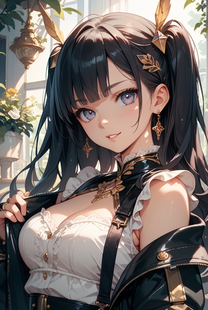1girl, anime, cute girl, blank background, white background, fantasy, detailed dark fantasy dress with highlights, beautiful face, beautiful eyes, dark colors, black hair, twintails, green eyes, medium breasts, slight cleavage, beautiful skin, cute, breast curtains, extremely delicate and beautiful, (beautiful detailed face:1.0), (detailed deep eyes), symmetrical breasts, deep eyes, shiny skin, portrait, slender waist, hips wider than shoulders, thighs, young girl