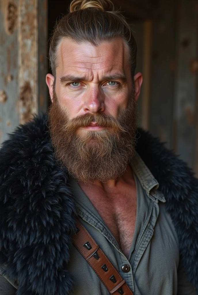 Professional retro-style photograph of a middle-aged man with short military-style haircut, long and grizzled lumberjack beard, hairy body, wearing a black leather jacket without a shirt underneath. Half-body portrait, black background, studio chiaroscuro technique, ultra-realistic and highly detailed. Retro-style lighting can be applied as needed.