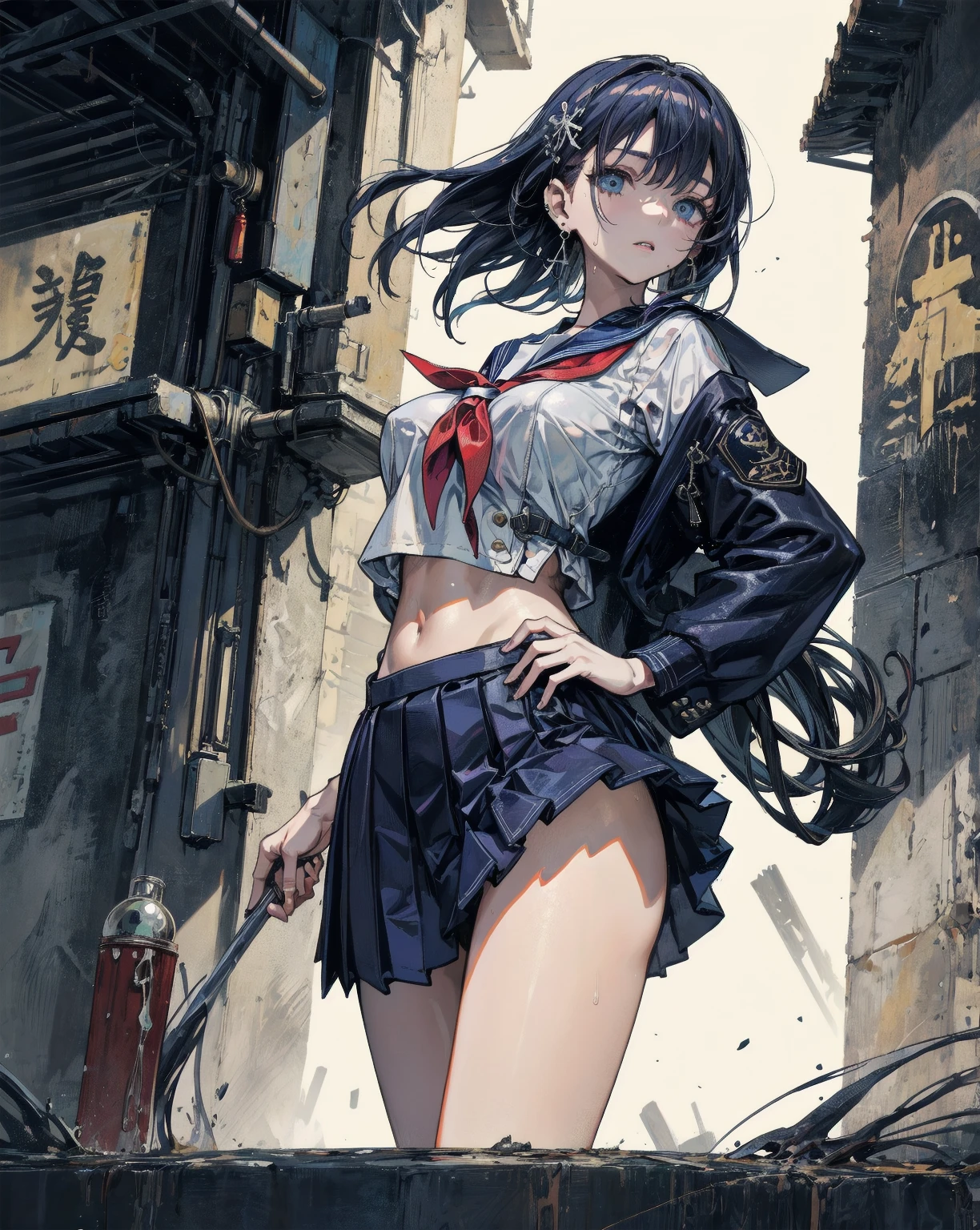 (from behind), (masterpiece, best quality:1.2), expressive eyes, perfect face, highres, 1girl, solo, female version of  Ryu \(sf\), (female:1.5), black hair, long hair, dougi, fingerless gloves, headband, no pants, standing, cowboy shot, looking at the viewer  ８ｋ,Realistic Skin Texture、Superrealism、Realistic Photo、A futuristic Japanese female soldier stands amongst rubble、Damaged moss green metal armor、Skull mark painted on armor、Painting of the unit and identification number、Peeling paint、Oil stains、Energy Rifle、fighting spirit、Detailed Description、Dynamic pose
  Realistic portrait of the protagonist of the anime Sailor Moon　(Super detailed,ultra high resolution,detailed background),((2D)),((flat color)),((colorful)),((floating colorful water)),1 girl,alone,looking at the viewer,break