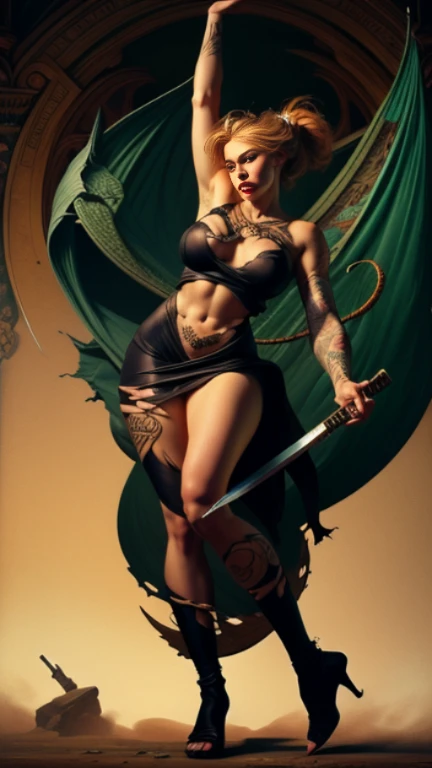 Full body photo of perfect beauty ((Demon Succubus)), Perfect appearance, slim body, ((Big heavy chest)), Shapeless short hair, Pink hair color, Rainbow hair, Small horns, (Wearing skimpy gothic clothing.), Fully functional, Abstract beauty, Near perfect, Pure form, ((Dynamic pose)), Subtle demonic background, ((Dark shadows)), ((Edge lighting)), Greg Rutkowski, John William Waterhouse(John William Waterhouse)and Alphonse Mucha(Alfons Mucha)Conceptual art, Highly detailed, Intricate details, 8K post production, High resolution, Super details, Popular topics on ArtStation, Sharp focus, Depth of field f/1.8, Studio shot, (Girl holding a large odachi sword, holding the handle of the odachi sword in her hand, swinging it over her head: 1.3), (Tattoo, Japanese tattoos all over her body: 1.5), (Very detailed: 1.4), Front view, Looking at the camera, Bamboo grove, Great view, Double teeth,