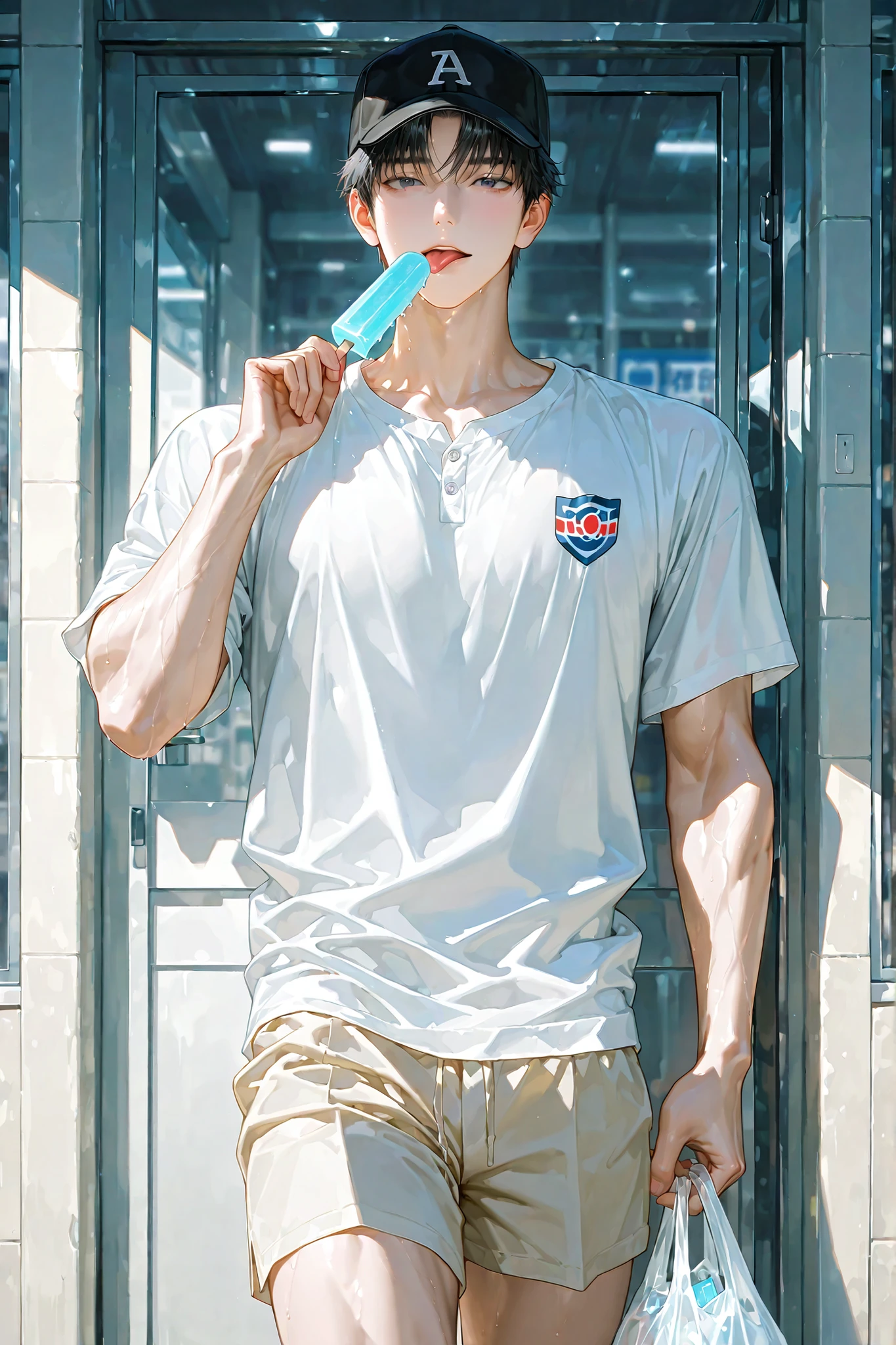 8k , male solo image, only 1 man, good focus ,body proportions , Anime Eyes ,  Nice body ,  male solo image , No Gems , toned，tall, masterpiece, best quality, Detailed Eyes ,looking at viewer beautiful masterpiece ,25 year old male , handsome , refreshing , mature , one person , male centered , handsome man , thick paint , perfect eyes , semi-realistic art , semi-realistic art style , looking straight ahead , top quality , amazing quality , exquisite details , highly detailed , mature , alone , bright skin , perfect eye shape , looking straight ahead , pectoral muscles , muscular , A cheerful high school boy with short black hair and soft pale skin. Wearing a short-sleeved button shirt, loose beige shorts, and a baseball cap turned backwards. licking a colorful popsicle,. Other hand holds a convenience store plastic bag. Background: convenience store front in summer afternoon. Wholesome, summery feel.