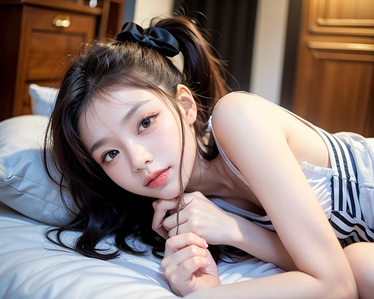Sexy Woman, Very deep blush, Red nose tip, Long neck,Medium Chest, Visible Cracks, Bedroom, Warm lighting , Lying in bed, Put your head on the pillow, look up、Open your eyes、School Swimsuit