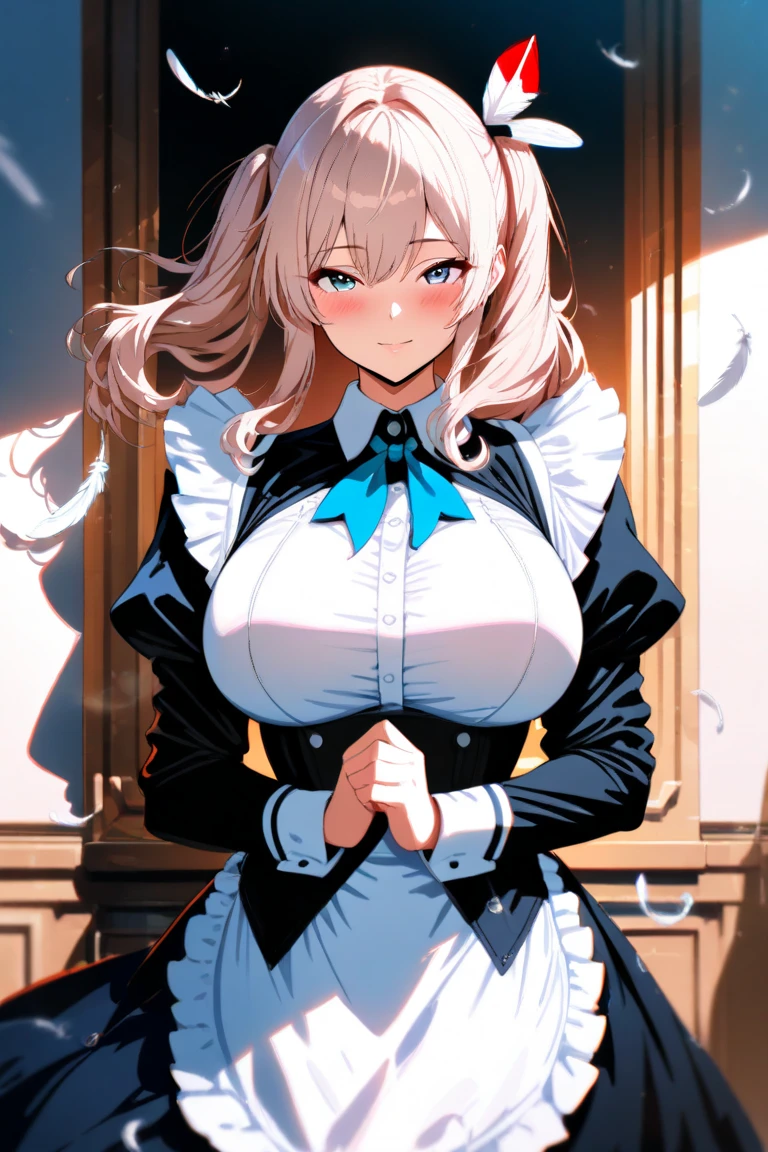 ((masterpiece, best quality, ultra-detailed, 8k:1.3)), 1girl, drill hair, blonde hair, hair accessories, red eyes, thick red lips, ((long white shirt, black long skirt, black vest, black tie, black cloak:1.3)), ((adult woman, mature woman, older woman, milf:1.3)), ((perfect body proportions, beautiful body, aesthetic body, perfect anatomy:1.3)), (closed clothing:1.2), long black gloves, office, mole under eye, seductive smile, ((huge breasts:1.3))