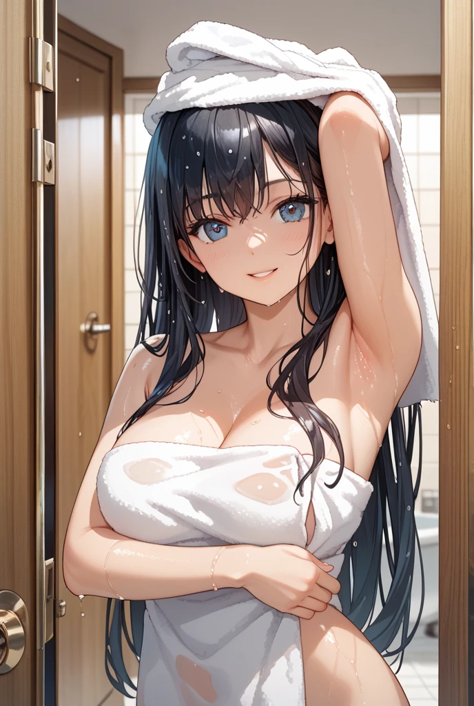 (((masterpiece))), (((highest quality))), (((super detailed))), (((super detailed))), (((high resolution))), (((illustration)) ), 1girl, 19years old, Backlit, pubic hair, portrait, shiba miyuki, (Straight Hair, long hair, Straight long hair, black long hair, blunt bangs, detailed Blue eyes, eyes highlight,), snowflake hair ornament, ideal ratio, ideal ratio body proportions, detailed beautiful face and eyes, very detailed background, (an extremely delicate and beautiful), (nice hands, perfect hands), (appropriate posture), (appropriate configuration),(masterpiece, best quality:1.2) BREAK nsfw, ((1girl)), solo, medium breasts, beautiful nipples, (contrapposto:1.3), dynamic angle, from below, depth background, (sexy happy style:1.3), cleavage, parted lips, 1girl, warm smile, medium breasts, navel, completely nude, blush, wet skin, wet, wet hair, taking a shower, head tilted back, closed eyes, bathroom, shower, hot, steam, water drops, BREAK Wash basin, wooden floor, indoors, beautiful_hair, beautiful_eyes, cute_face, beautiful_face, pretty_face, beautiful, best_quality, good_anatomy