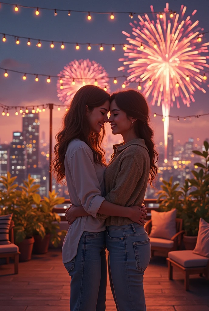 Two young women watching fireworks On the bank of the river high picture quality --auto --s2