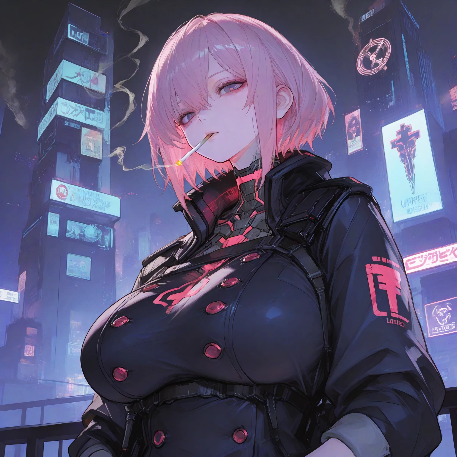 Best quality, (masterpiece:1.2), best detail face, 1girl in, big breast, perfect body, standing, smile, grinning expression, acid house, Lofi mix, Landscape is calm night city , night time, Breast glimpse visible, clothes like street girl, Title is Acid City Neon Fright
