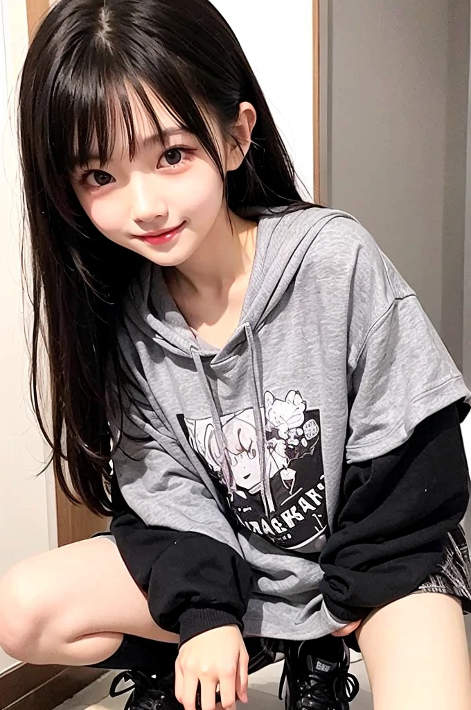 Very cute face、smile、13歳girl、Fluffy long hair、Beautiful legs、Beautiful body、Thin legs、White skin、Black T-shirt、Black mini skirt、白いパンティ少し見えている、sea
