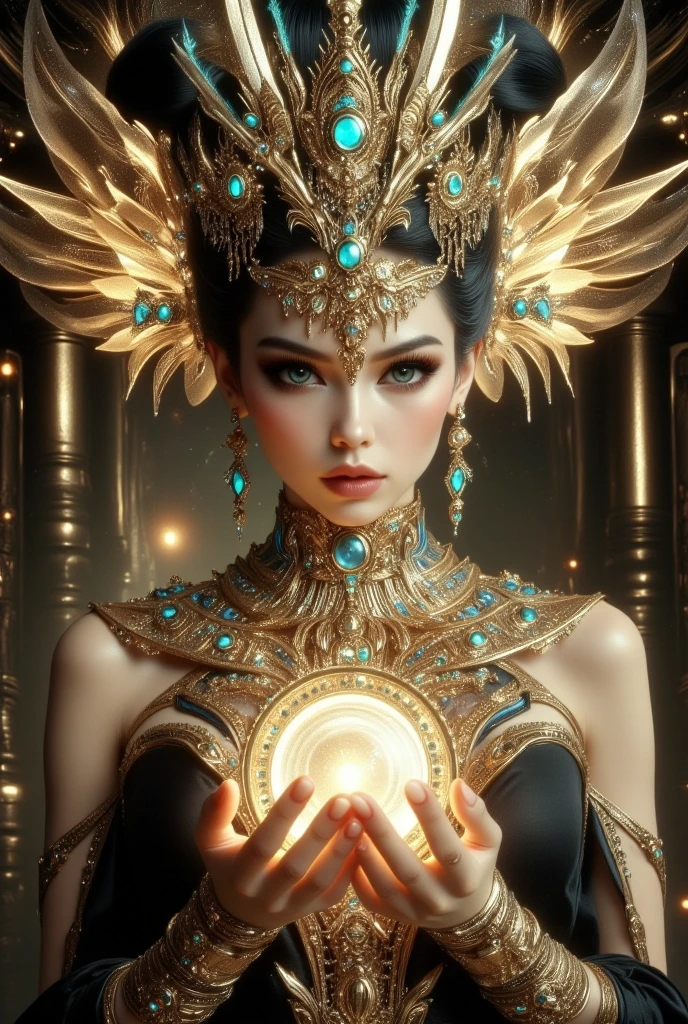 there is a woman (Adriana Lima :1.1)  red lips, green eyes with a crown and a alien in a room, fantasy art behance, a beautiful fantasy empress, karol bak uhd, detailed fantasy digital art, epic fantasy art style hd, digital fantasy art ), fantasy style art, digital 2d fantasy art, detailed digital 2d fantasy art, beautiful celestial mage, devianart and cgsociety