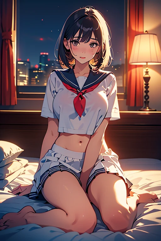 ((masterpiece, high quality, best quality)),
1girl, school uniform, short hair, night sky, embarrassed, dutch angle, bra, yellow eyes, breasts, cleavage, pleated skirt, sitting, open clothes, stomach, bed, black hair,
<lora:komori-style_v3.0:1.0>
