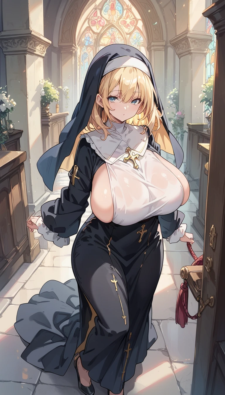 最high quality, 8k, High resolution, high quality, masterpiece, beautiful, (Anatomically correct:1.2), 10th Generation, A beautiful woman, Silky pale blonde, Short Bob Hair, Light blue eyes, Beautiful Skin, Attractive person, Sister, Soft and swaying super breasts, Short stature and glamorous figure, Black monastic vestments, Nun's hat on head, ahegao, girl trembling with sexual climax, Place your hands behind your head., (Squat), steam, woman on top, vaginale,sex, cum in Pussy, 1boy, penis, Church altar,