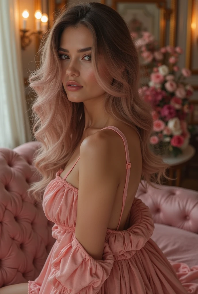 Beautiful cute girl, long flowing hair, big bright eyes, soft skin, pink lips, gentle smile, wearing a red dress with a neon print, standing in a room by the window, golden sunlight, warm soft lighting, high detail, 8k, photorealistic, masterpiece , cinematic, portrait