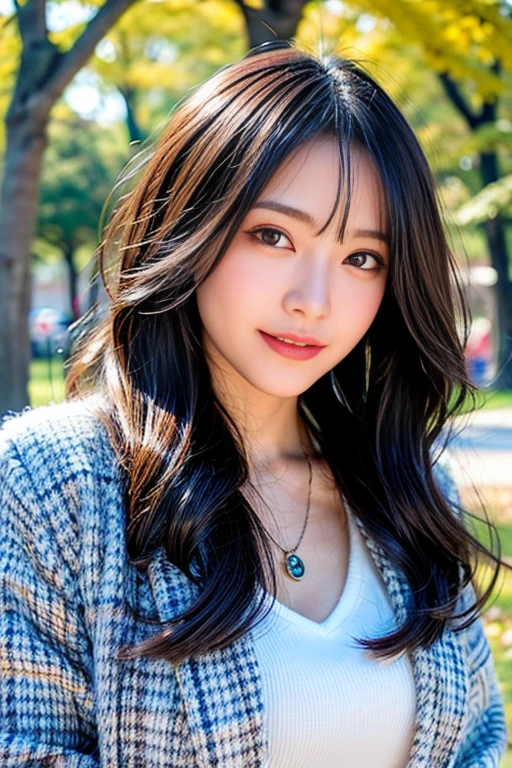 seed;88117315,((Full Body Angle))、((Front hair:1.3))、((Highest quality, 8K, masterpiece: 1.3)), concentrated: 1.2, Cute girl 1, 、 Perfect beauty: 1.4,Cut and sewn T-shirt Raglan sleeve summer short sleeve T-shirt.Shorts: 1.2,Long sleeve、Randall Color、comics＆Text Graphics、Black ruffle-trimmed drawstring zip blouse,1.1, Highly detailed face and skin textures, Fine grain, double eyelid, whitening skin, ,Highest quality,Ultra-high resolution,you,1 girl,alone,_Shiny_skin,Iris,necklace,((brown_length_Wavy_hair)),(lips)),eyelash,Front hair,deal with,compensate,Shiny,pore,skin,Large Breasts、((smiling face))、Walking in the park、walk、