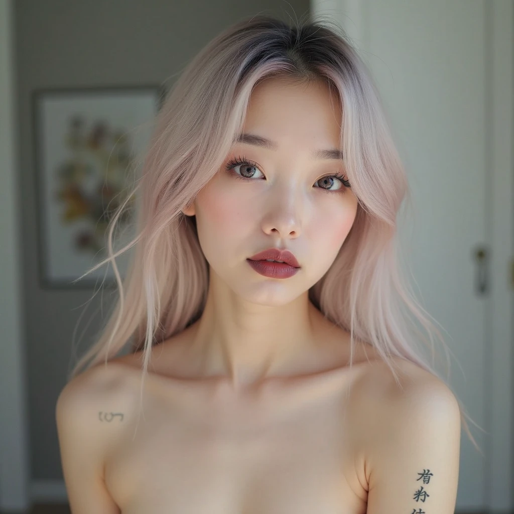 ((best quality)), ((masterpiece)), (detailed), perfect face, cute girl, nude, pink hair, fullbody, naked, all body parts covered except hands and face, round eye, 17 year old, facing forward to camera, korean lalisa cute face girl, close up