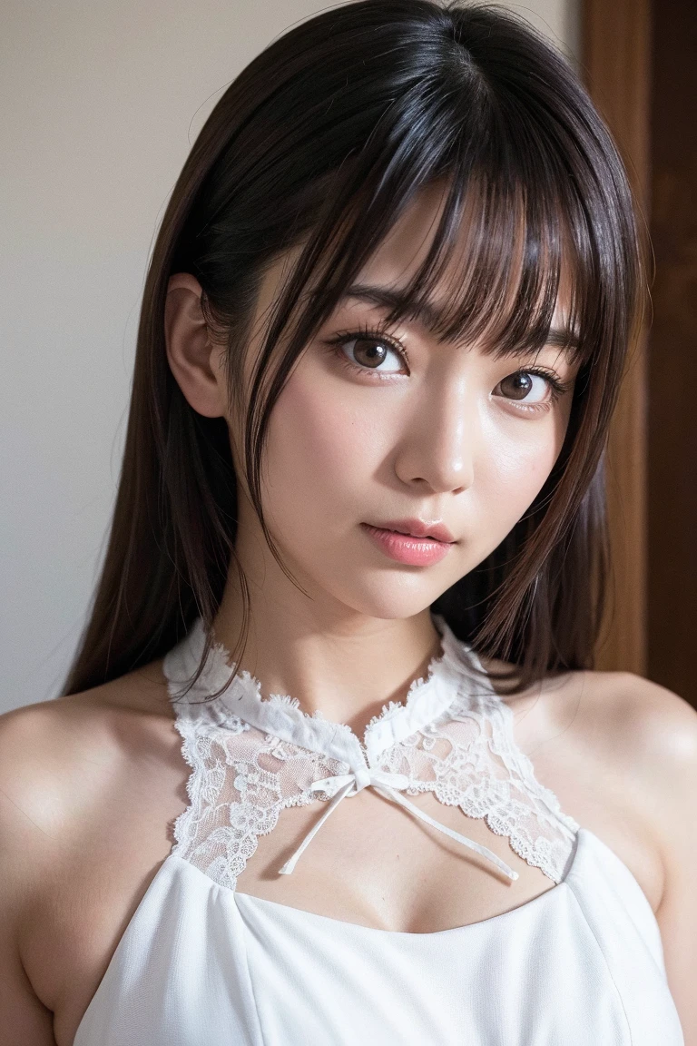 Top Quality, Photorealistic, 8k, High Resolution, Girl, Woman, (Skin Dent), (Big Breasts), (Professional Lighting, Bokeh), (Night: 1.2), (Portrait: 0.6), Gorgeous, Bloom, (Floating Hair), (Light Particles, Lens Flare, Luminous Particles: 0.6), (Dynamic Pose: 1.2), Soft Lighting, Black Hair, Maid Clothes, Maid Headband, Maid apron, indoors, maid clothes, fluffy breasts, bed, thin lipstick, large round breasts, moist eyes