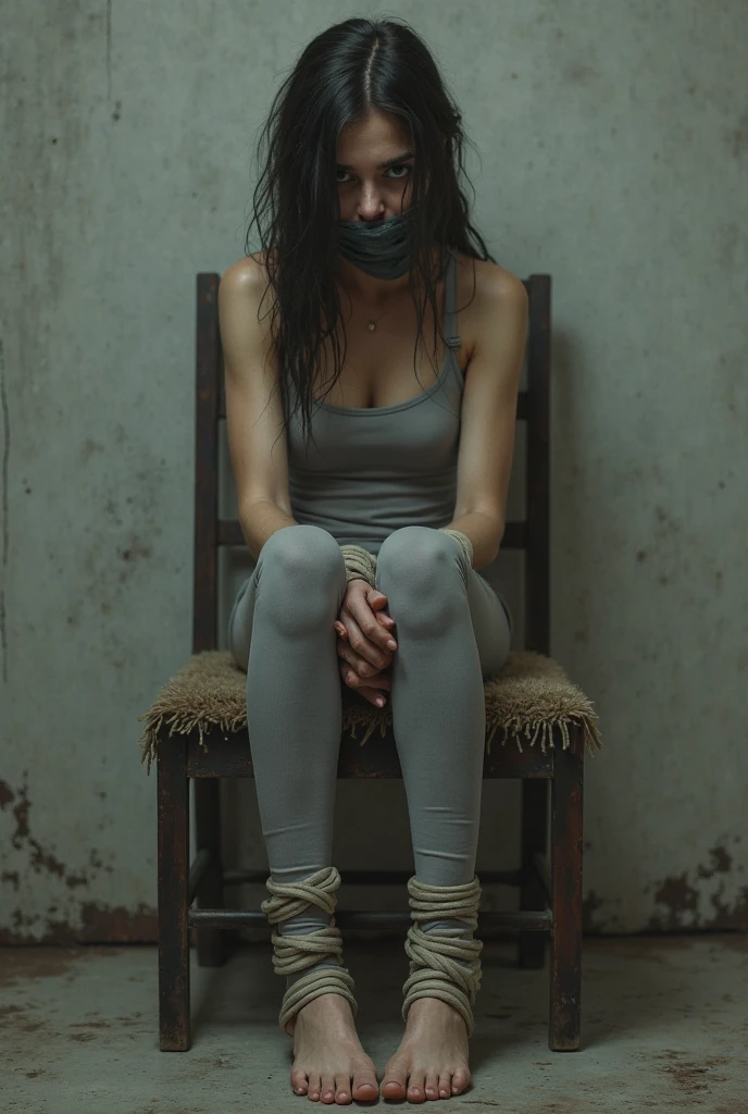 a girl tied on a chair, kidnapped, beaten up, bruised, gagged, tied with ropes, 1920s era Kodak porta 400, faded, vintage, low quality, dramatic lighting, cinematic, chiaroscuro, moody, somber, desaturated colors, gritty, dark, emotional, intense, captivating, photojournalistic