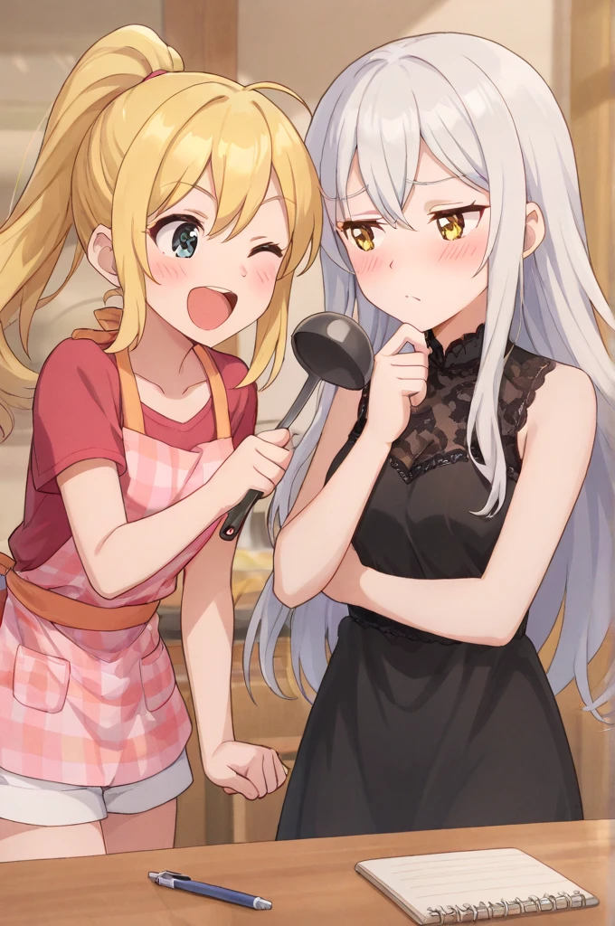((masterpiece))((Highest quality))girl、Laughing with your mouth open、blush、Flat Chest、Are thin、Blonde Hair、blush、Are standing、Whole body image、Eye level on face、、No background、Blue clothes、Hair is two colors、Twin tails、Red Eyes、Two-tone red and yellow hair、With open arms