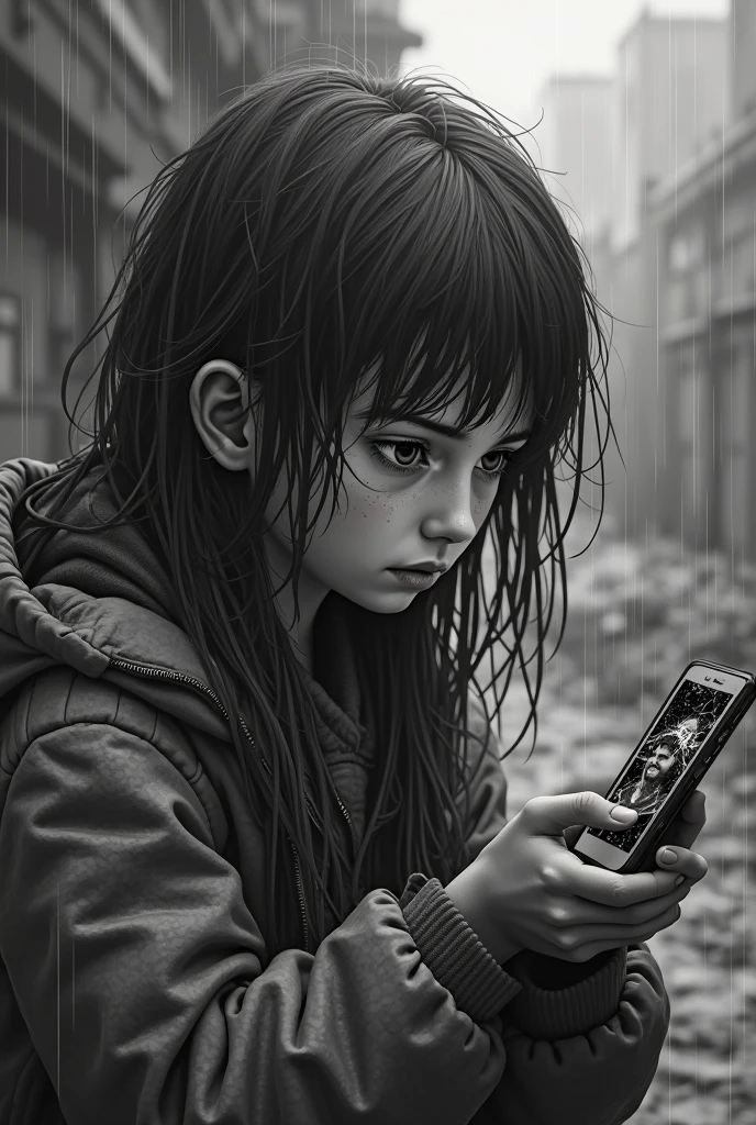 Youngh , with very dark brown hair, dark shaped eyes, sitting on a sidewalk with a bruise on her eye, and with a bruise on his shoulder, holding cell phone, raining and foggy scenery 
