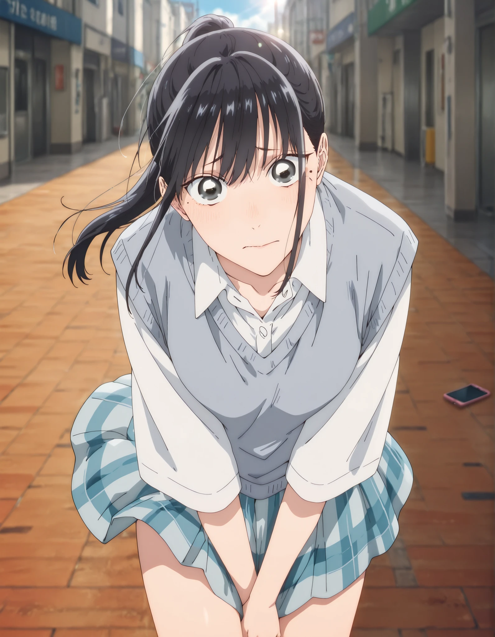 masterpiece, , absurdres, highres, detailed background, high resolution, masterpiece, necessary, detail, best quality, quality, necessary, details, High details, Precise, outdoor, street, (dappled sunlight ,day ,lens flare ,blurry background),((from above)), solo, , ,
detailed, anime screencap , anime coloring , official style , (aged up), head tilt, ,(slim body, slender body),(wind lift), covering crotch, arms between legs, phone, (leaning forward, bent over), walking,
Break, girl , , <lora:Amaye_Moriya-20:0.8>Ayame, ,black eyes, black hair, long hair, high ponytail, long bangs, hair between eyes, ((sharp eyes)), sidelock, one mole under eye, white shirt, collared shirt, collarbone, , gray knit vest, gray mini skirt, plaid skirt, ,(small breast), pale skin, looking at viewer, light embarrassed, panicking, closed mouth ,