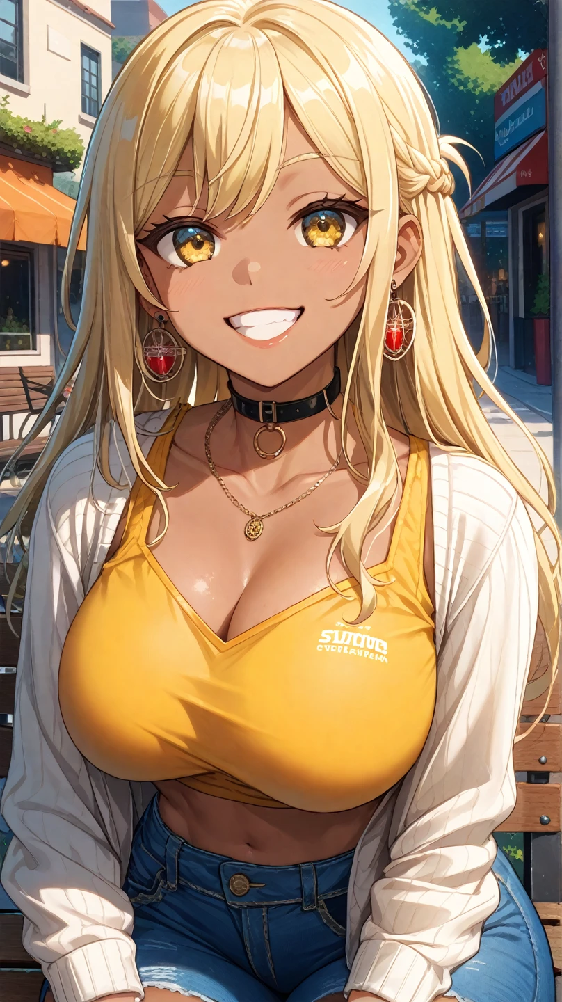 sign at forehead, shoulder-length blonde hair, light effect, soft, super clear, high-definition picture, (front), masterpiece, cinematic lighting, Tsunade hokage, orange eyes, blonde hair, 1girl, solo, looking at viewer, smile, large breast, open shoulder, gold long dress, beer can holding, gala dinner