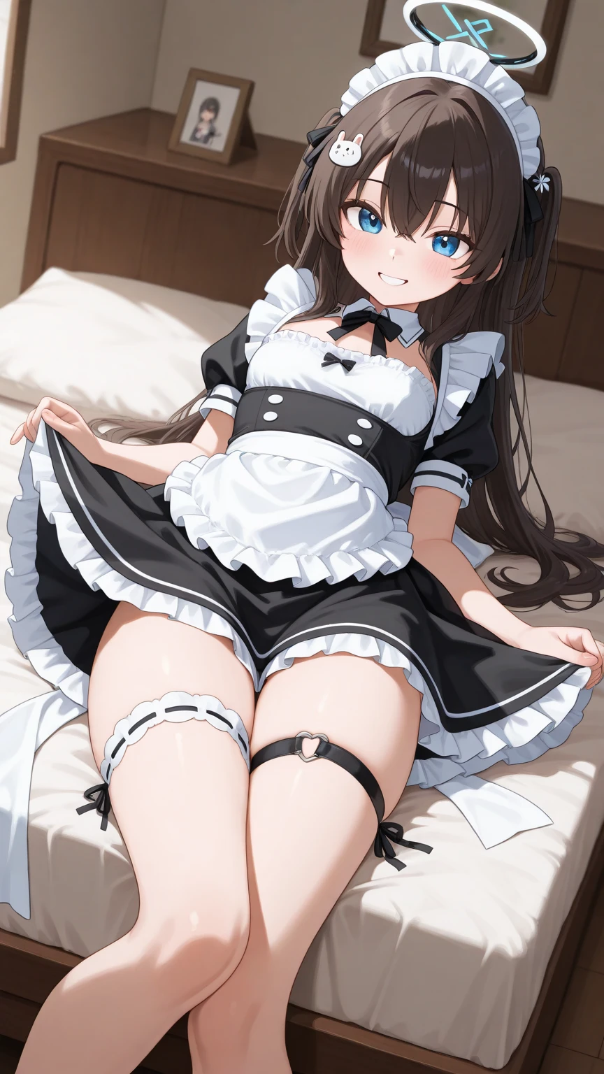 high resolution, best quality,solo,1girl,17 years old,baby face,cute face,japanese idol,beautiful hair,brown hair,medium breasts,slender,detailed eyes,cute eyes,(beautiful legs),(slim-legs),shiny skin, (blush), narrow eyes, open mouth,(detailed wet white-sheer-frilled-lingerie),(detailed wet white-sheer-frille-bra),(detailed wet white-sheer-frilled-panties),(genital line),(detailed wet white-knee-high-stocking),maid-headdress,(bed room),(from below), spread legs,