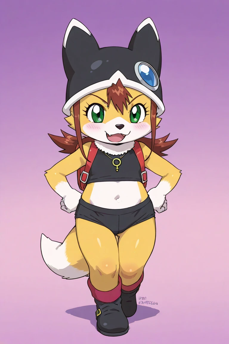 <lora:FoxxyLoveV1:0.7>,1Girl,Foxxy Love in a orange outfit, fox ears,hat,hat with fox ears,Fox tail, toned skin, black hair,big lips